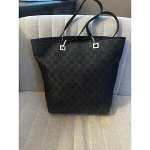 GUCCI BLACK DENIM CANVAS TOTE W/SILVER HARDWARE